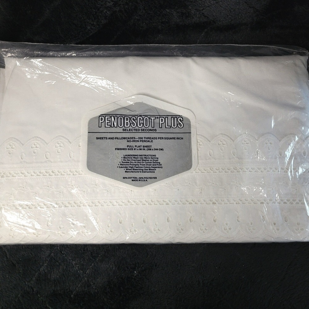 VINTAGE Eyelet Full Flat Sheet Penobscot Plus‎ Selected Seconds Off-White